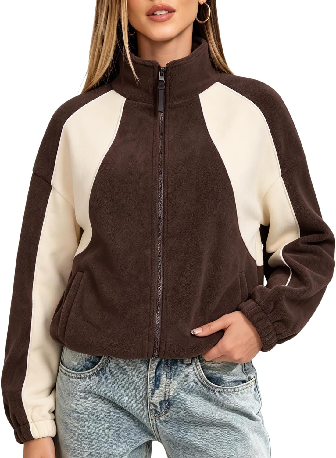 QINSEN Womens Full Zip Fleece Jacket Color Block Sweatshirt Sherpa Coat | Amazon (US)
