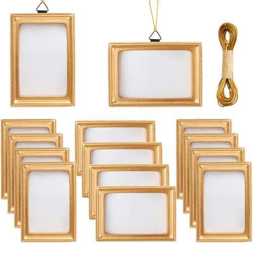 Yalikop 12 Pcs Mini Gold Frames with Hooks and Rope Rectangle Resin Small Gold Vintage Picture Frames DIY Wall Hanging Decoration for Christmas Tree Refrigerator Ornaments 3.74 x 2.56 inch | Amazon (US)