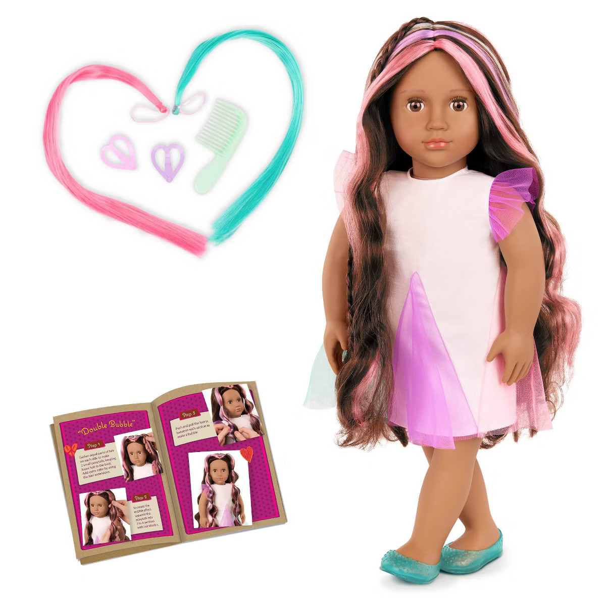 Our Generation 18" Rainbow Hair Grow Doll with Hair Clips and Styling Book Accessories | Target