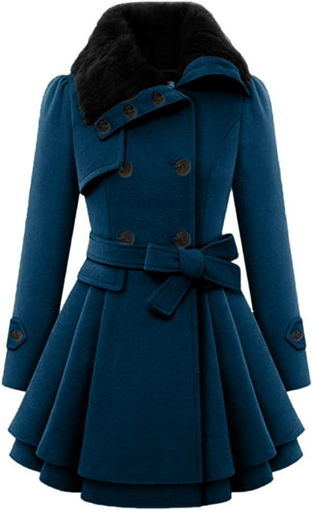 Women's Faux Fur Lapel Double-Breasted Thicken Wool Trench Coat Winter Warm Jacket Ruffle Hem Bel... | Amazon (US)