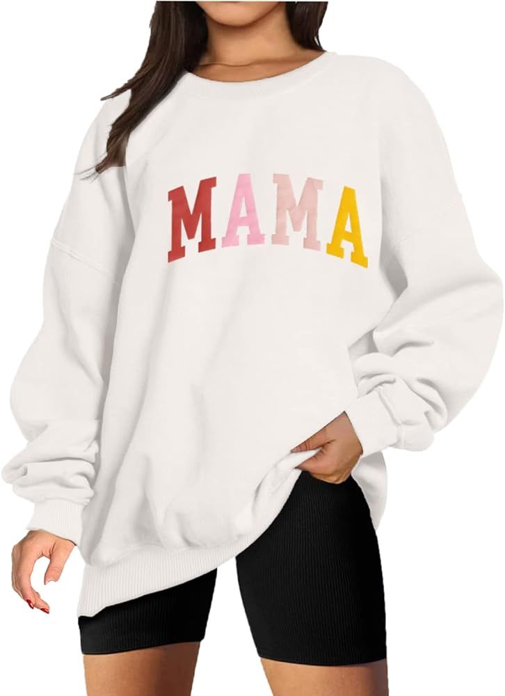 BOUTIKOME Mama Sweatshirt Women Funny Letter Print Mom Life Long Sleeve Crewneck Pullover Shirt Blou | Amazon (US)