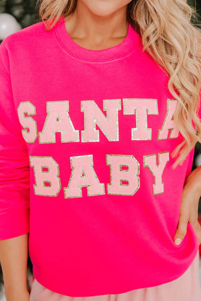 Santa Baby Pink Chenille Patch Graphic Sweatshirt | Pink Lily