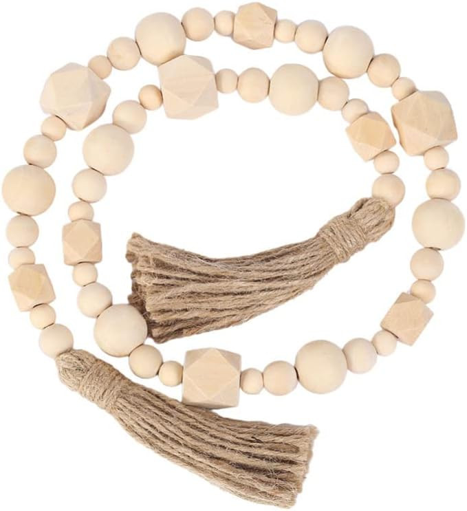 Wakauto Farmhouse Wood Bead Garland Pastoral Style Wooden Irregular Octagon Bead String with Tass... | Amazon (US)