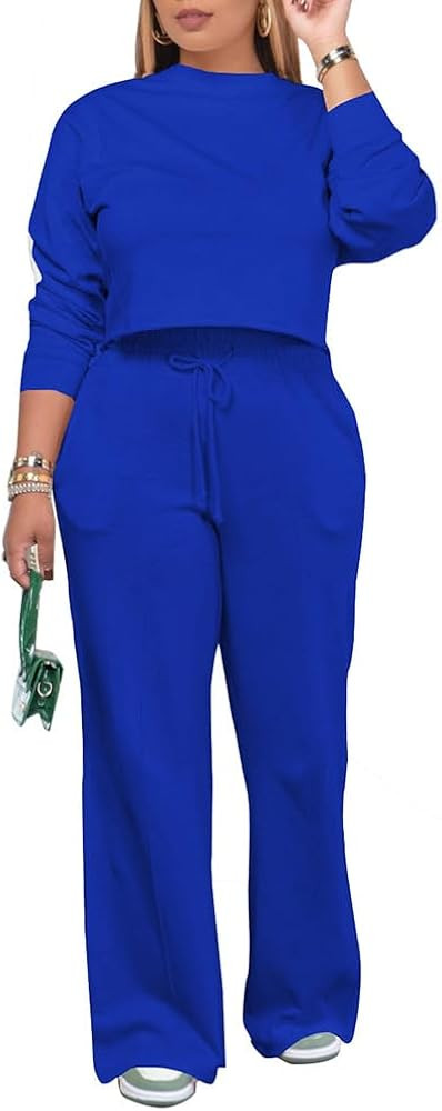 PINSV Women's 2 Piece Outfits Sweatsuit Set Long Sleeve Crop Top Drawstring Wide Leg Pants with P... | Amazon (US)