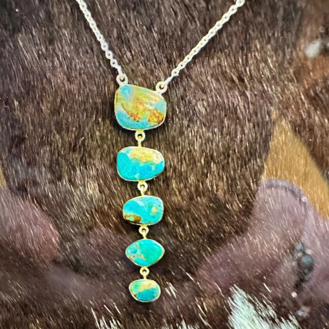 Handmade Natural Kingman Turquoise, 5 Stone Drop Gold Plated Necklace - Etsy | Etsy (US)