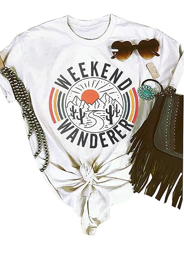 Weekend Wanderer Cactus T-Shirt for Women Casual Letters Print Graphic Tees Tops | Amazon (US)