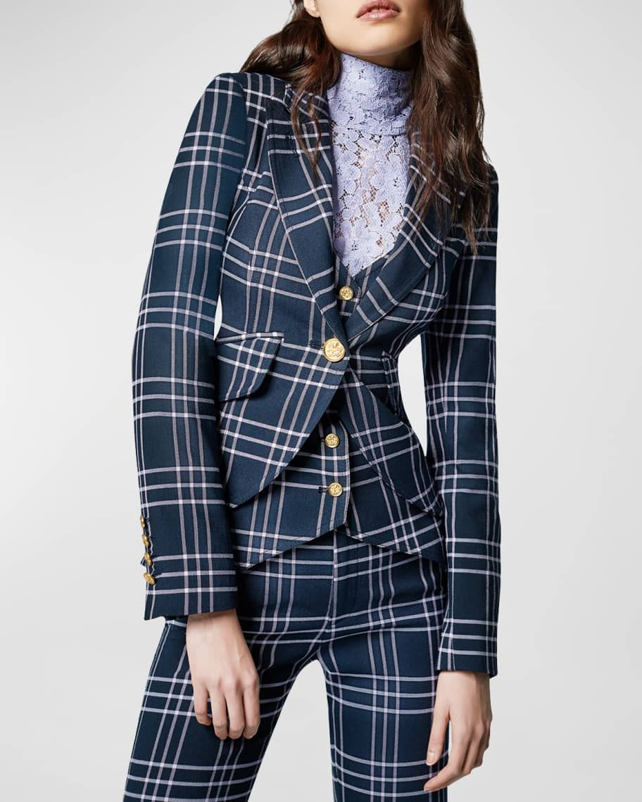 One-Button Fitted Cutaway Check Blazer | Neiman Marcus