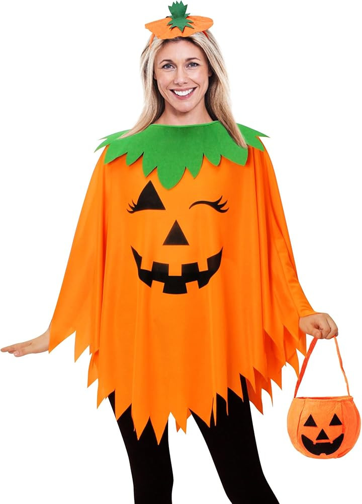 3PCS Halloween Pumpkin Costume for Women,Pumpkin Poncho for Adults with Headband & Bag,Halloween ... | Amazon (US)