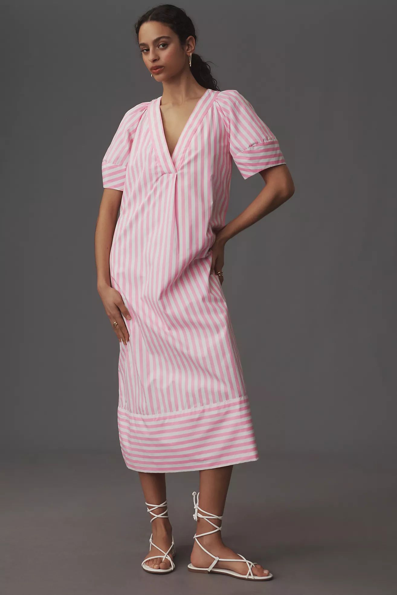 Maeve Puff-Sleeve V-Neck Midi Dress | Anthropologie (US)
