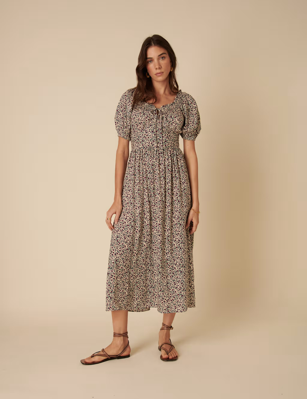 Ditsy Floral Tie Neck Puff Sleeve Midaxi Waisted Dress | Nobody's Child | M&S | Marks & Spencer (UK)