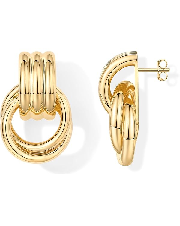 PAVOI 14K Gold Plated Chunky Dangle Door Knocker Earrings for Women | Trendy Geometric Drop State... | Amazon (US)