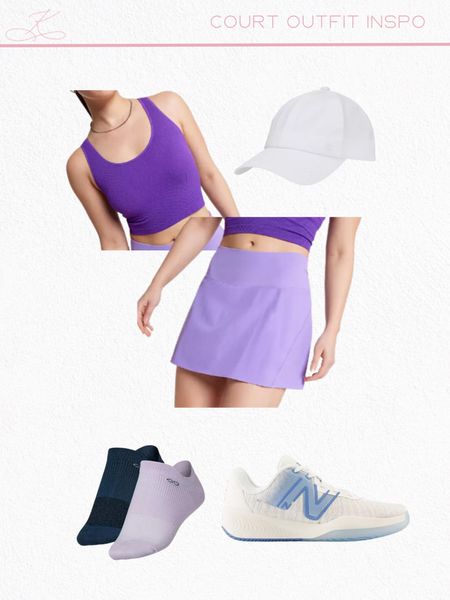 Tennis outfit info for your next court date. 

Tank top, purple tank top, purple skirt, purple tennis skirt, tennis sneakers, tennis shoes, white hat, white cap, purple socks, 

#LTKFitness #LTKU #LTKActive