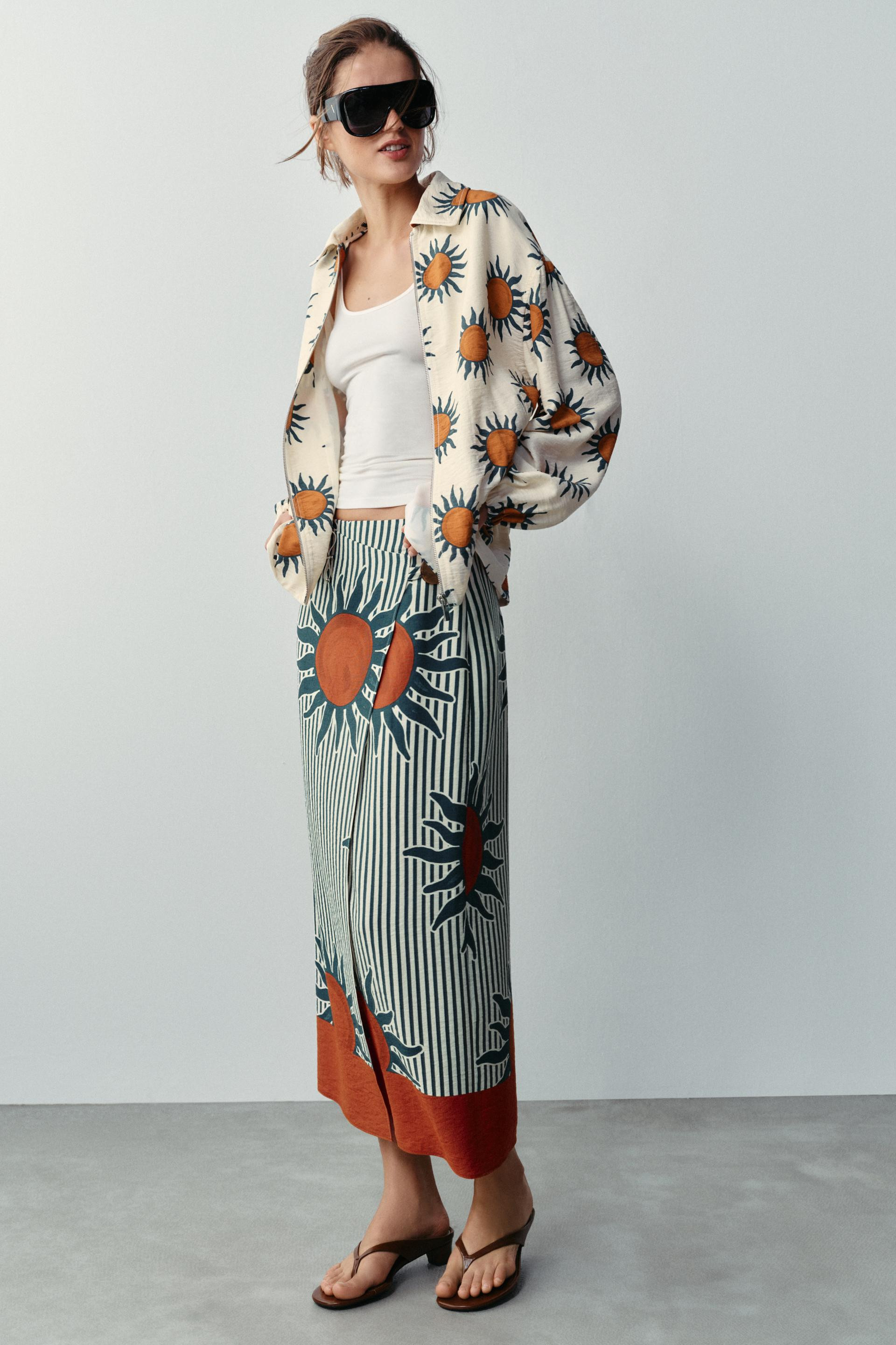 Zara - Printed Midi Sarong Skirt - Ecru / Green - Xs - Woman | Zara US