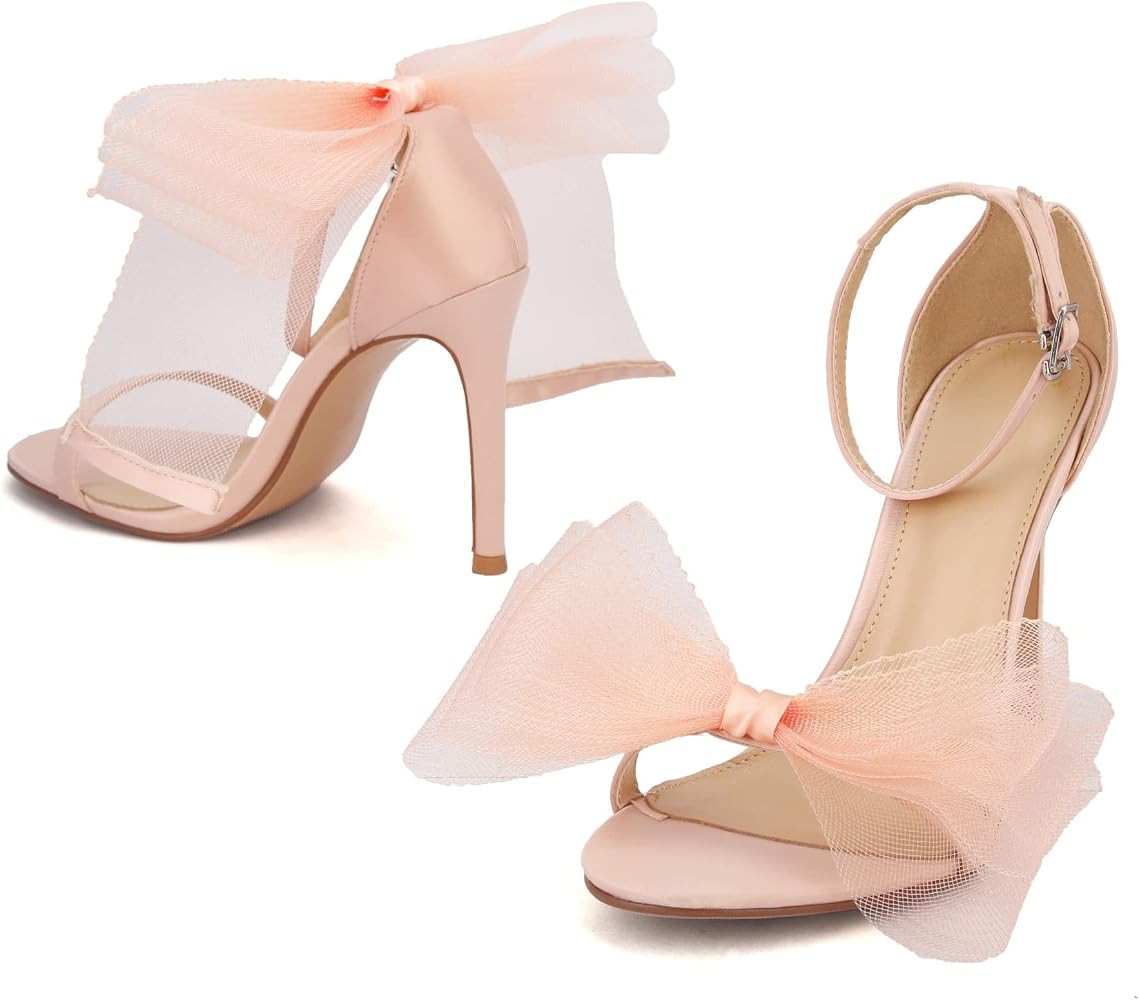 keleimusi Womens Wedding Pumps with Asymmetric Grosgrain Mesh Bows Ankle Strap Dress Peep Toe Sandal | Amazon (US)