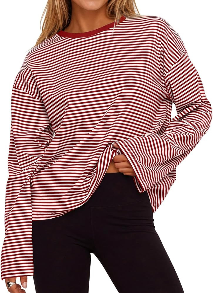 Flowyair Womens Oversized Striped Long Sleeve Shirts Crew Neck Cotton Tops | Amazon (US)