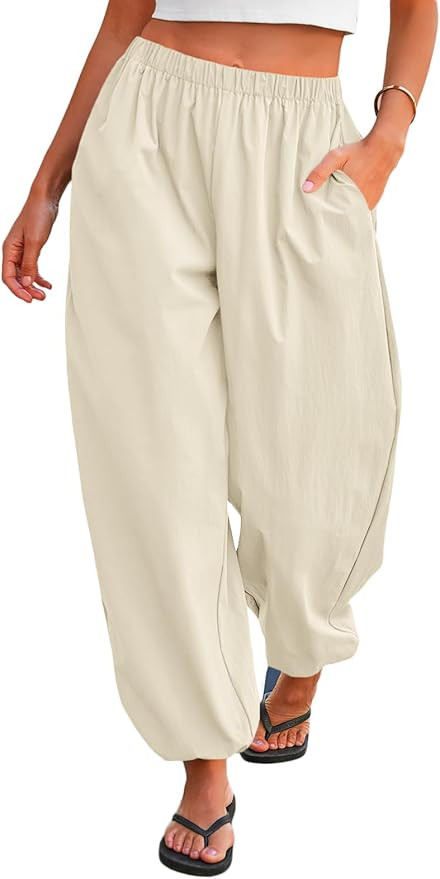 Tankaneo Womens Balloon Pants Trendy Casual Elastic Waist Wide Leg Harem Pants Baggy Pleated Lant... | Amazon (US)