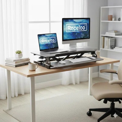 46 in. Balck Electric Standing Desk Converter with AC Outlet, USB Charger and Dual Monitor Arm Mount System | Wayfair North America