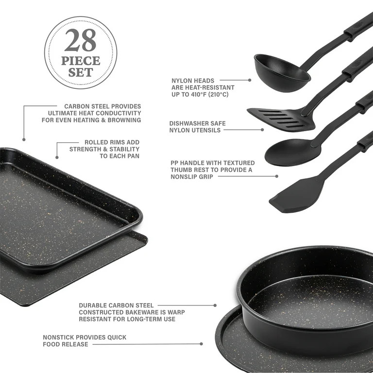 Thyme & Table Non-Stick Cookware & Bakeware, Gold, 28-Pieces Set | Walmart (US)