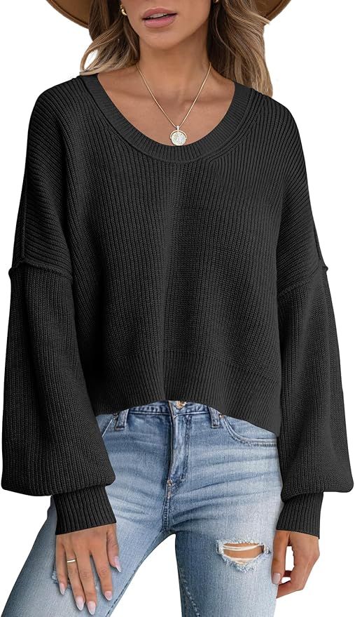 ANRABESS Women Crewneck Cropped Sweater Batwing Sleeve 2024 Trendy Casual Oversized Ribbed Knit P... | Amazon (US)