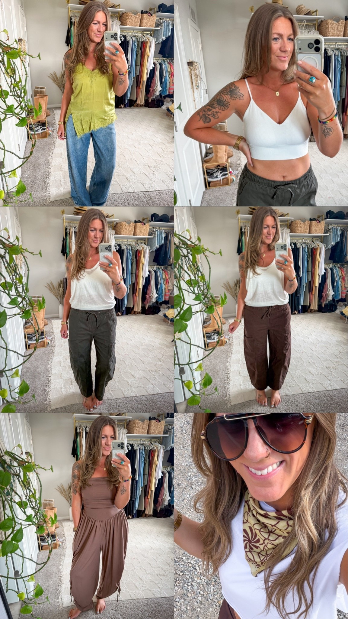 Medium top, 31 tall jeans. XL bralette, large white tank, medium tall green & brown pants, large jumpsuit

#LTKTall #LTKOver40