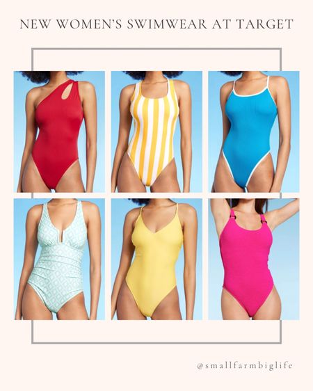 New women’s swimwear at Target. Swimsuit. Summer. Red asymmetrical one shoulder cut out one piece swimsuit. Blue and white contrast binding scoop neck one piece swimsuit. Yellow vneck one piece swimsuit. Yellow and white striped scoop neck x-back one piece swimsuit. Bright pink square neck pucker textured high leg one piece swimsuit. Blue and white patterned u-wire one piece swimsuit  

#LTKFindsUnder50 #LTKSwim #LTKOver40
