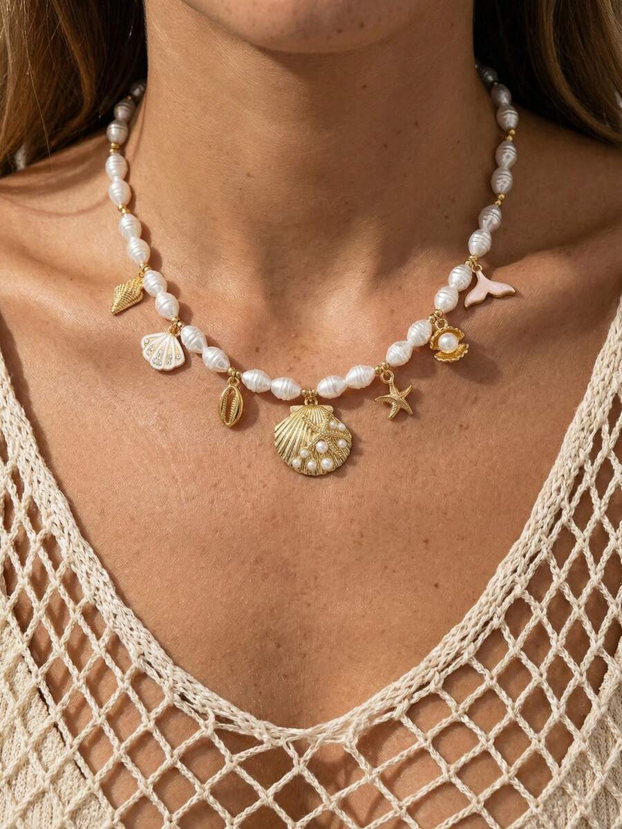 1pc Summer Beach Vacation Style Irregular Pearl, Shell, Starfish, Fish Tail Rhinestone Pendant Be... | SHEIN