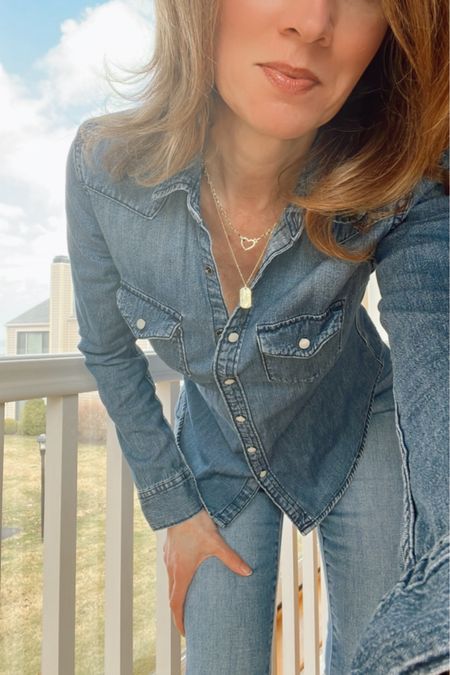 Western denim shirt with jeans - Gorjana heart necklace and dog tag necklace 

#LTKover40 #LTKsalealert #LTKfindsunder50