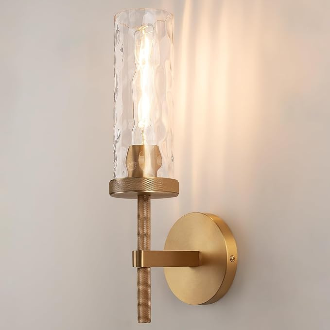 15" Knurled Brass Wall Sconce with Water Ripples Glass Tube, Gold Bathroom Vanity Light Fixtures,... | Amazon (US)