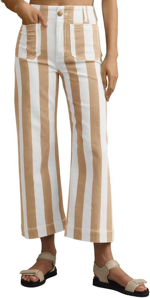 Tankaneo Womens Cropped Striped Jeans High Waisted Wide Leg Denim Pants | Amazon (US)