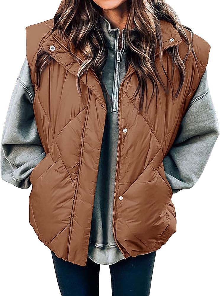 LEANI Women's Oversized Puffer Vest Sleeveless Stand Collar Puffer Jacket Zip Up Gilet Coat With ... | Amazon (US)