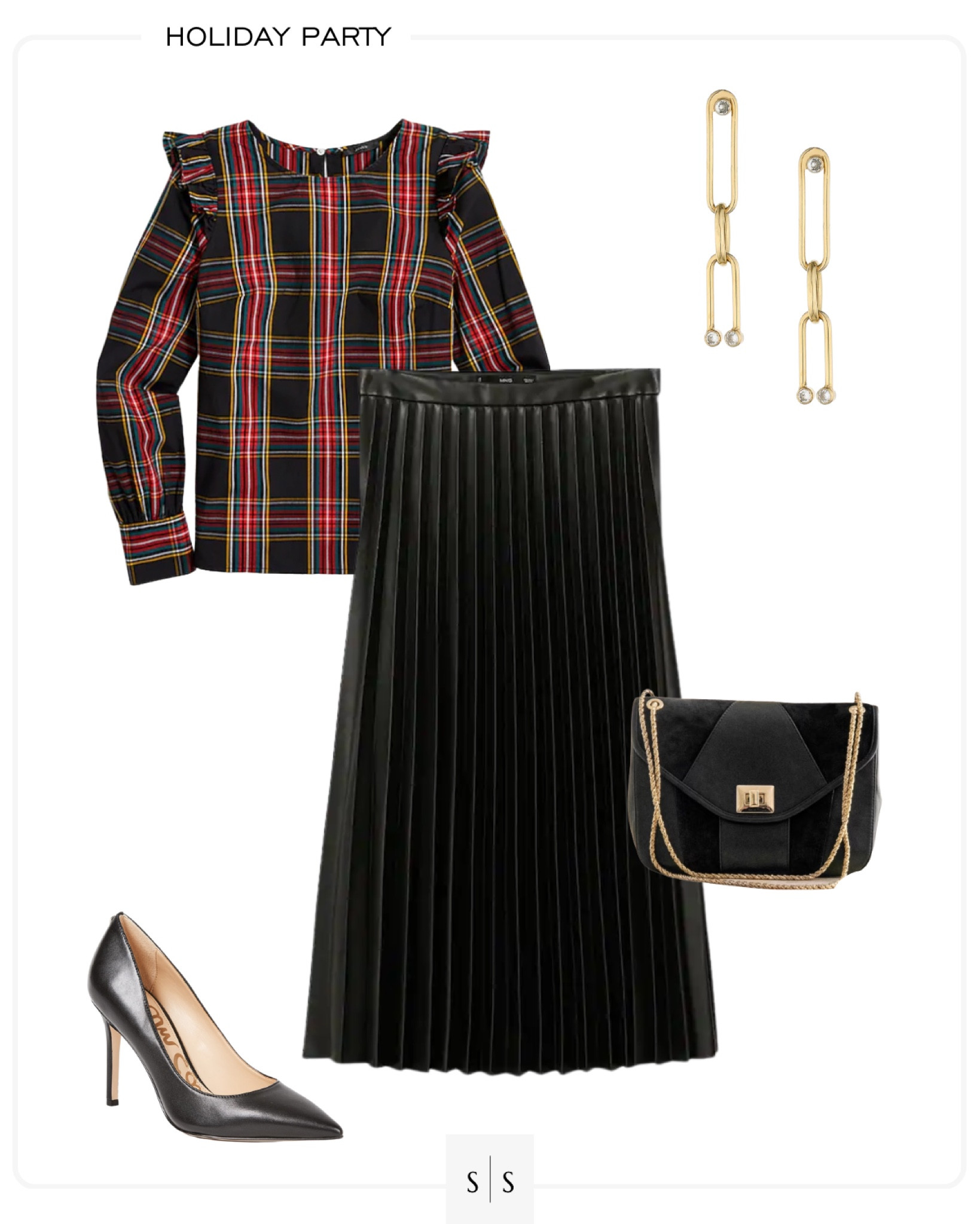 Holiday Party festive outfit idea | #plaidblouse #pleatedskirt #fauxleather #holidaystyle #newyearsstyle #winterstyle #holidayparty | See more festive Holiday style on thesarahstories.com  ✨

#LTKSeasonal #LTKHoliday #LTKstyletip