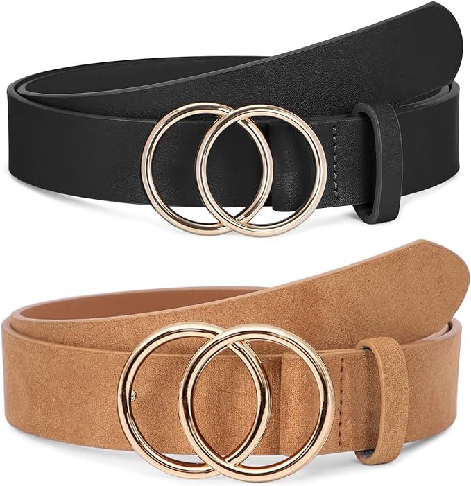 SUOSDEY Women Leather Belt Fashion Double O-Ring Soft Faux Leather Waist Belts For Jeans Dress | Amazon (US)