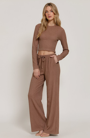 Ribbed Long Sleeve Crop Top and Wide Leg Lounge Pants Set with Drawstring | Nordstrom