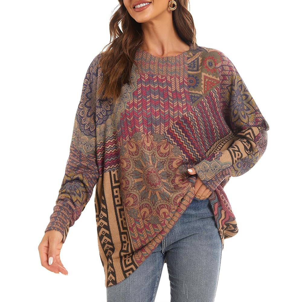 Women's Boho Christmas Sweater, Oversized Long Sleeve Graphic Knit Pullover, Loose Fit Casual Top... | Amazon (US)