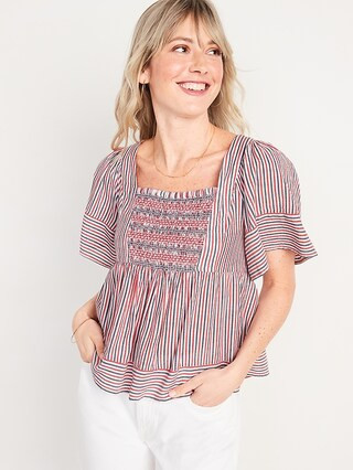 Flutter-Sleeved Striped Smocked Babydoll Swing Blouse for Women | Old Navy (US)