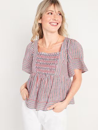 Flutter-Sleeved Striped Smocked Babydoll Swing Blouse for Women | Old Navy (US)