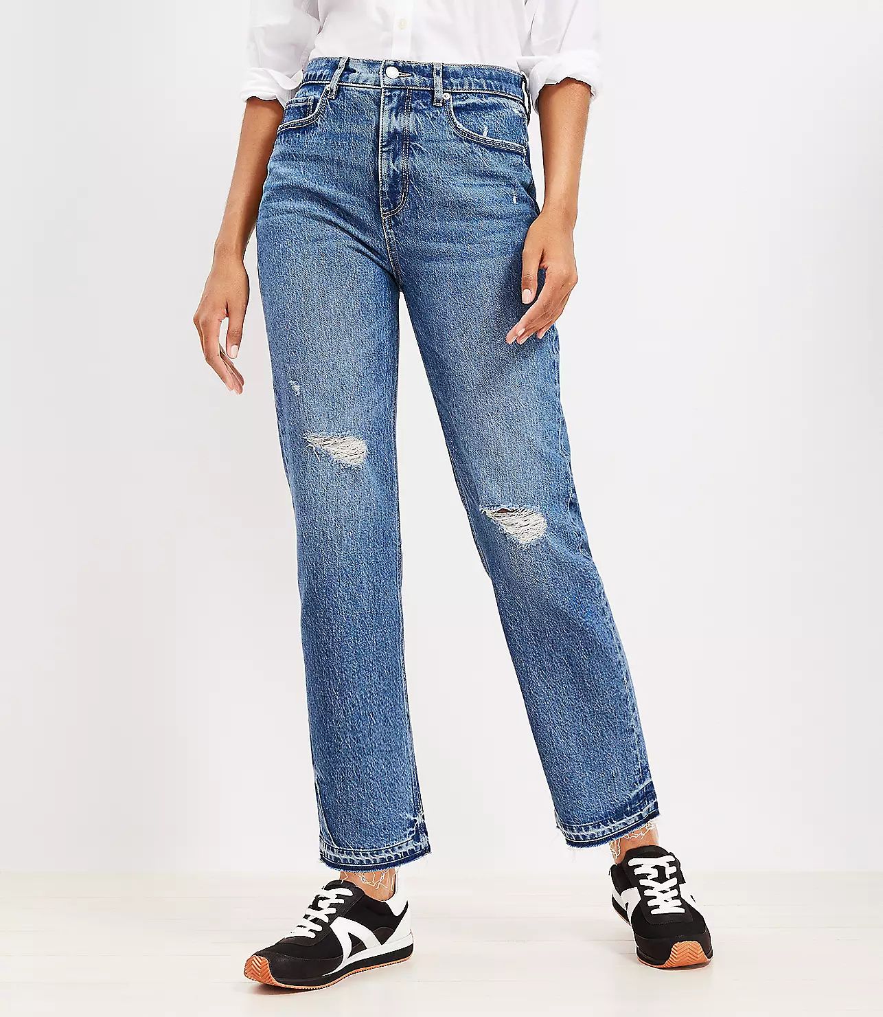 Destructed High Rise Straight Jeans in Authentic Dark Indigo Wash | LOFT