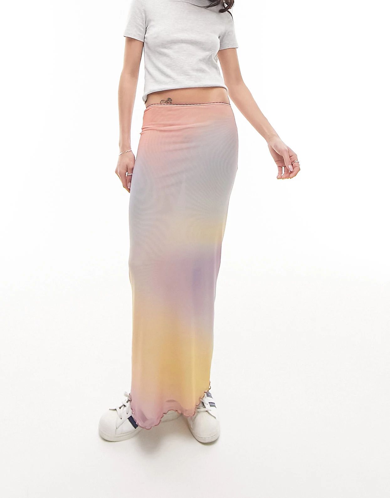 Topshop mesh pastel blurred printed picot trim midi skirt in multi  | ASOS | ASOS (Global)