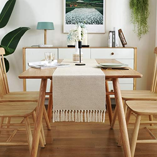 13 x 72 inch Fall Farmhouse Cotton Linen Table Runner with Handcraft Tassel, Rustic Jute Burlap T... | Amazon (US)