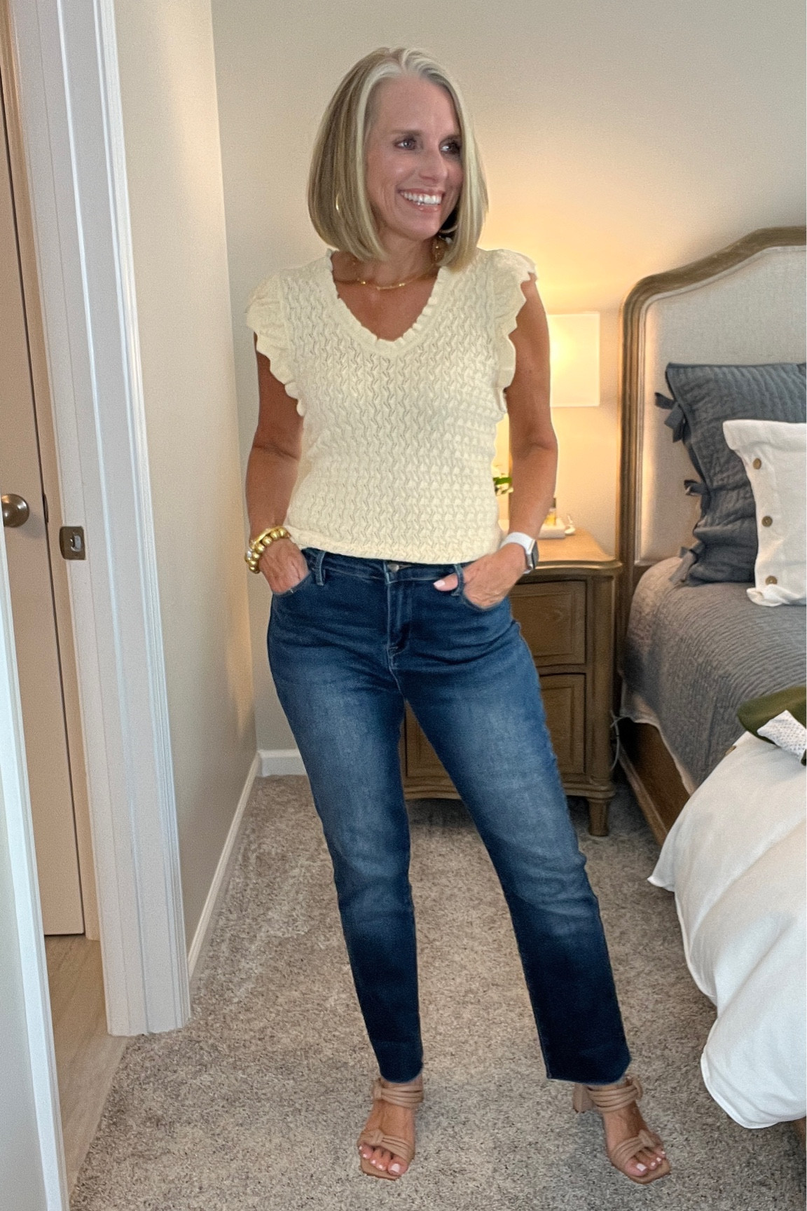 Crochet is trending. This sweater is cute and will layer  easily with a blazer 
Wearing XS

Size down in jeans. Great stretch without bagging 
Use LISA10 on both 

#LTKstyletip #LTKFind #LTKSeasonal