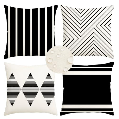 RABUSOFA Outdoor Pillows Waterproof,18x18 inch Black and White Throw Pillows Boho Set of 4 for Patio Furniture,Sunbrella Outdoor Pillow Covers for Couch(2W-18) (no Insert) | Amazon (US)