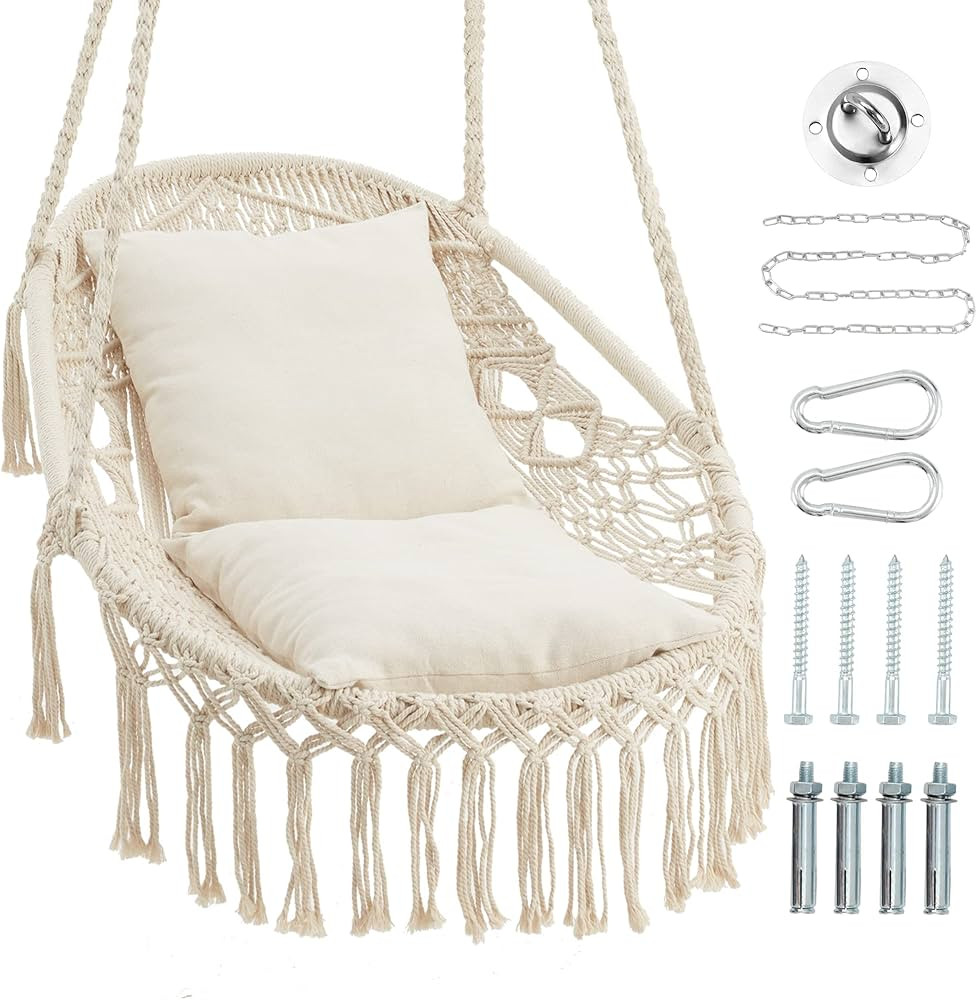 Hammock Chair Hanging Rope Swing, Hanging Chair Max 330Lbs,2 Cushions Included Macrame Swing Chai... | Amazon (US)