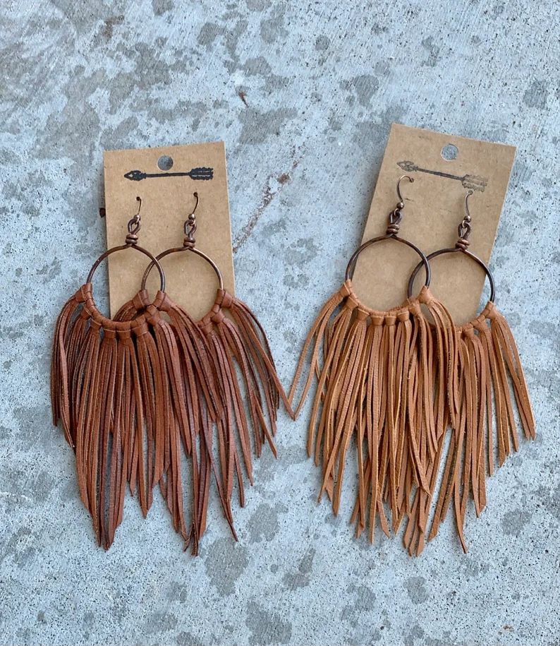 Read the full title
    Cognac and brown leather fringe earrings, leather fringe earrings, brown ... | Etsy (US)