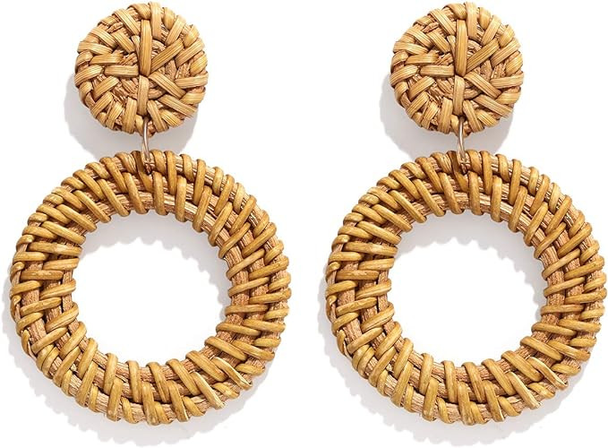 Rattan Earrings for Women Girls Handmade Lightweight Wicker Straw Stud Earrings Statement Weaving... | Amazon (US)