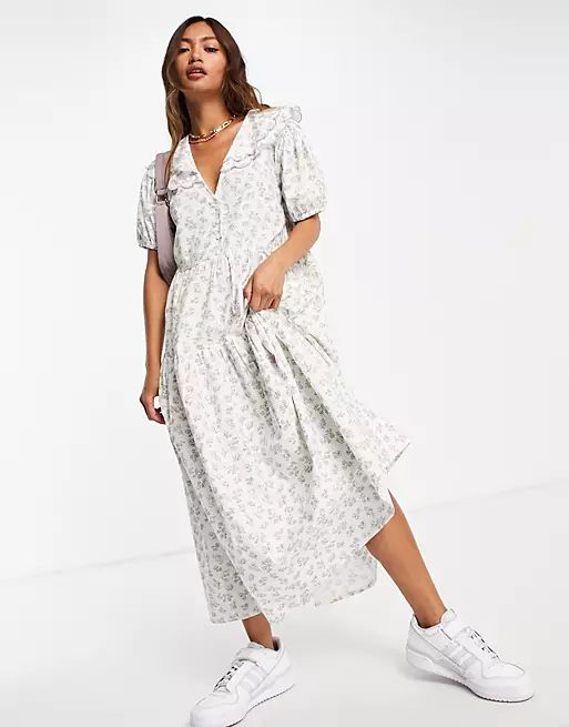 Neon Rose midi smock dress with puff sleeves and vintage embroidered collar in ditsy floral | ASO... | ASOS (Global)