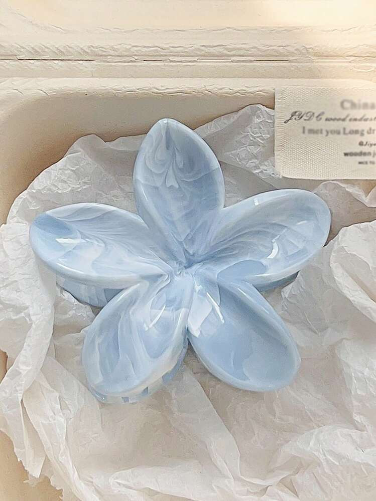 1pc Light Blue Marble Plumeria Flower Large Hair Claw Clip, Elegant Beach Vacation Hair Accessory... | SHEIN