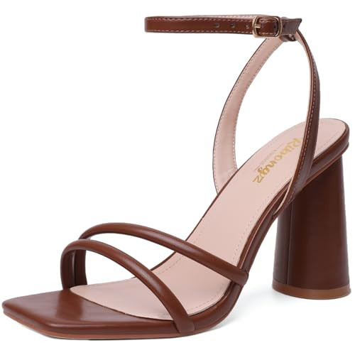 RIBONGZ Brown Strappy High Heels for Women Heeled Sandals Square Open Toe Ankle Strap Chunky Wedding Bridal Prom Shoes Block High Heels for Party Dress 9 | Amazon (US)