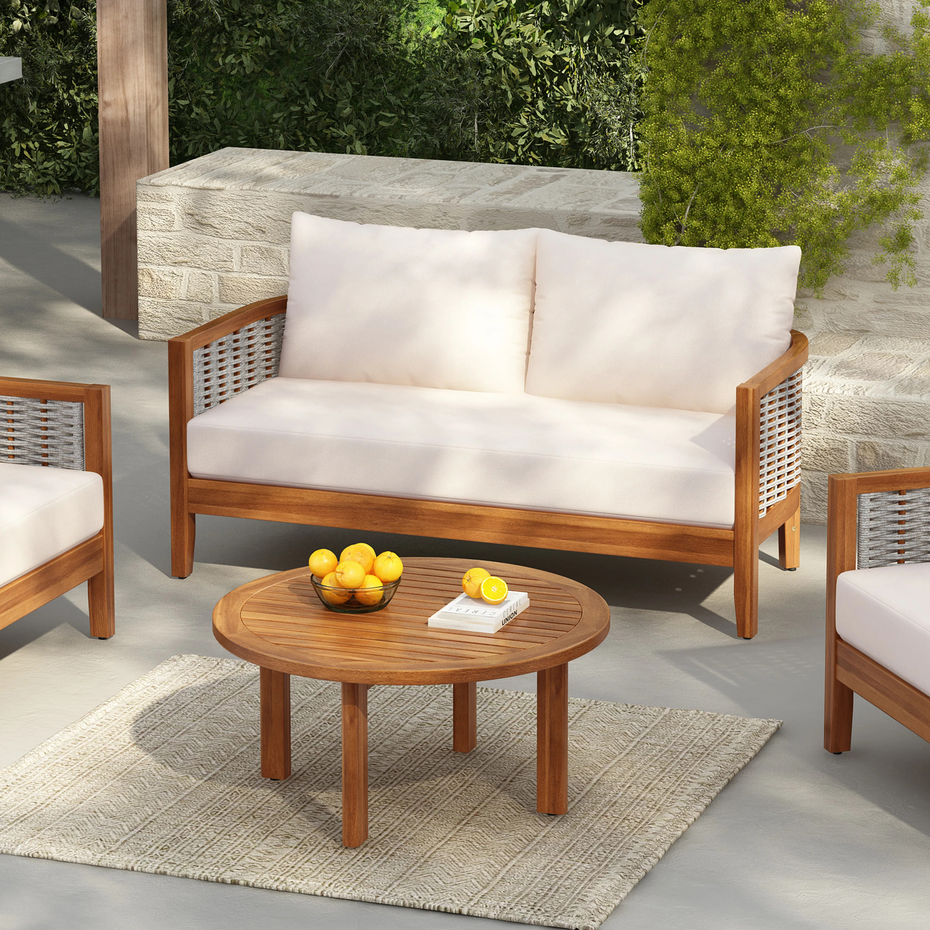 Gariepy Outdoor 2-Piece Acacia Wood Conversation Set With Woven Rope & Cushions | Wayfair North America