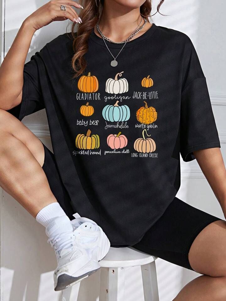 SHEIN EZwear Halloween Pumpkin And Letter Graphic Drop Shoulder Tee | SHEIN