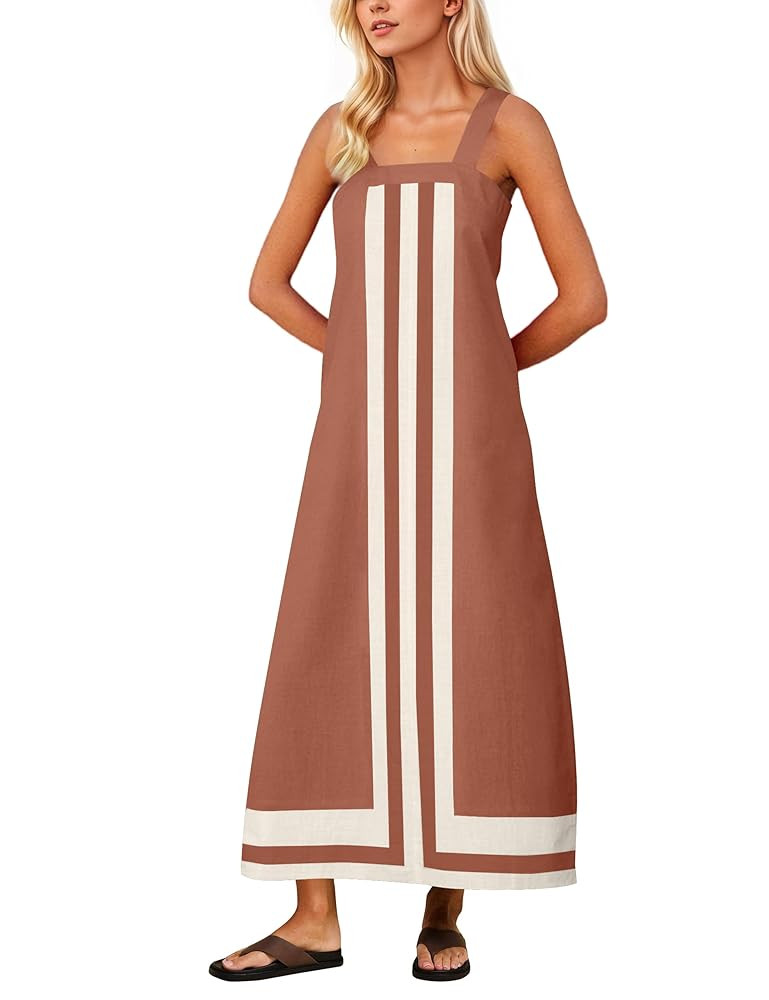 Women Color Block Maxi Dress Sleeveless Striped Flowy Beach Dress Square Neck Backless Casual Sum... | Amazon (US)